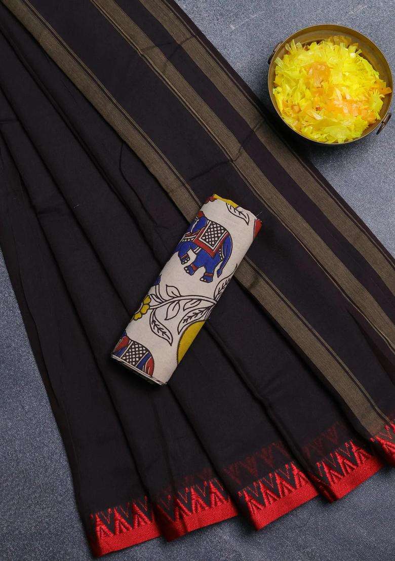 Narayanpet Cotton Saree Coffee Brown And Beige With Plain Body And Temple Design Thread Woven Border With Korvai And Temple Border Design For Women - Indya