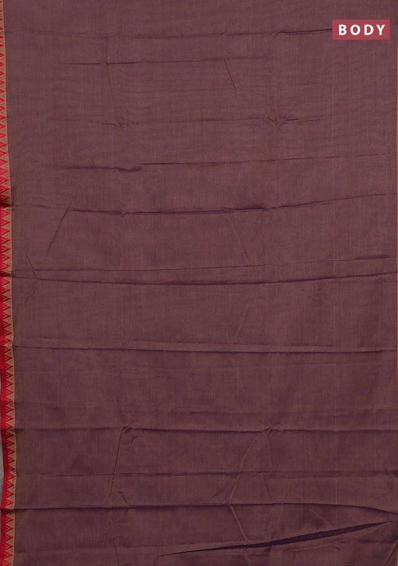 Narayanpet Cotton Saree Dual Shade Of Purplish Beige And Beige With Plain Body And Temple Design Thread With Korvai And Temple Border Design For Women - Indya