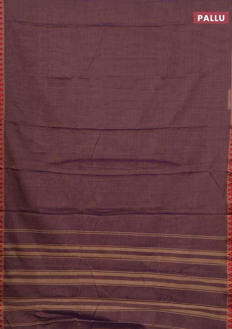 Narayanpet Cotton Saree Dual Shade Of Purplish Beige And Beige With Plain Body And Temple Design Thread With Korvai And Temple Border Design For Women - Indya