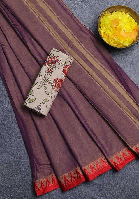 Narayanpet Cotton Saree Dual Shade Of Purplish Beige And Beige With Plain Body And Temple Design Thread With Korvai And Temple Border Design For Women