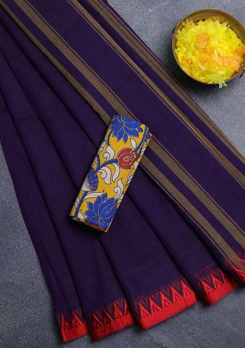 Narayanpet Cotton Saree Violet And Yellow With Plain Body And Temple Design Thread Woven Border With Korvai And Temple Border Design For Women - Indya