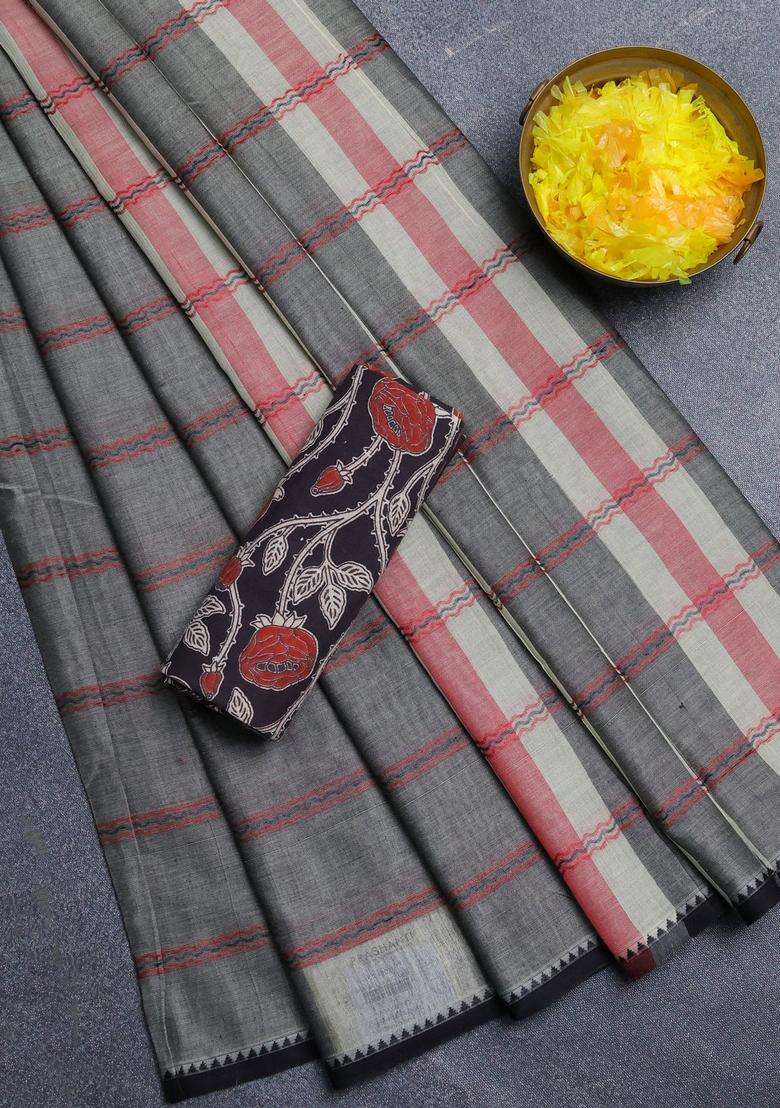 Narayanpet Cotton Saree Grey And Black With Plain Body And Thread Woven Border With Traditional Woven Design For Women - Indya