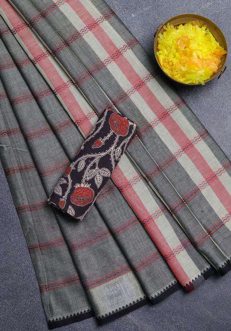 Narayanpet Cotton Saree Grey And Black With Plain Body And Thread Woven Border With Traditional Woven Design For Women
