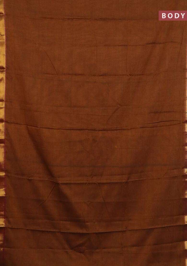 Narayanpet Cotton Saree Dark Mustard And Maroon With Plain Body And Zari Woven Border With Traditional Woven Design For Women - Indya