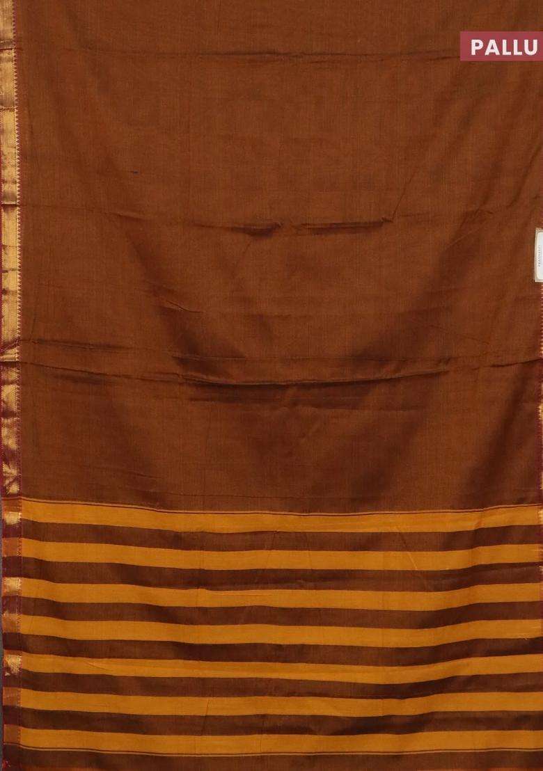 Narayanpet Cotton Saree Dark Mustard And Maroon With Plain Body And Zari Woven Border With Traditional Woven Design For Women - Indya