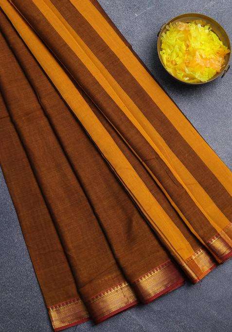 Narayanpet Cotton Saree Dark Mustard And Maroon With Plain Body And Zari Woven Border With Traditional Woven Design For Women