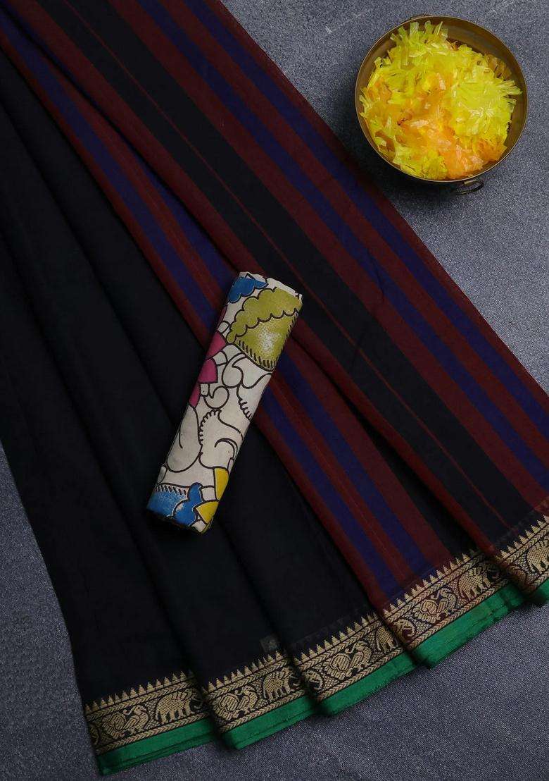 Narayanpet Cotton Saree Black And Beige With Plain Body And Thread Woven Border With Traditional Woven Design For Women - Indya