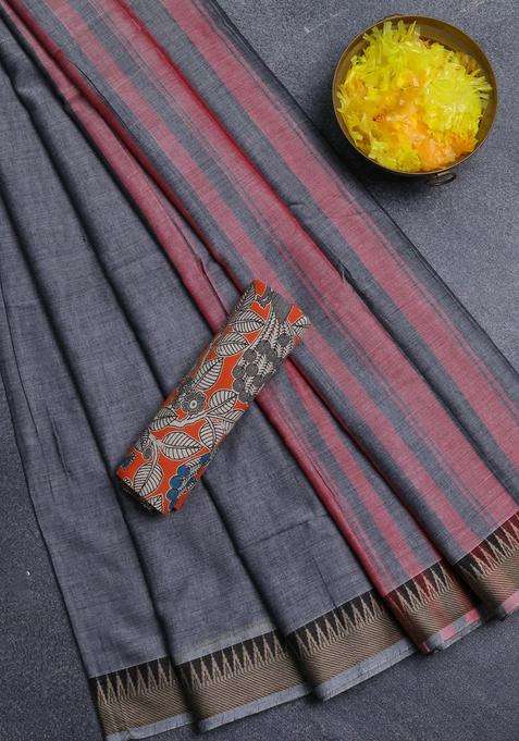 Narayanpet Cotton Saree Grey And Orange With Plain Body And Thread Woven Border With Traditional Woven Design For Women