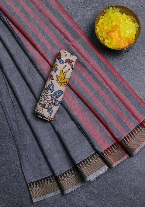 Narayanpet Cotton Saree Grey And Beige With Plain Body And Thread Woven Border With Traditional Woven Design For Women
