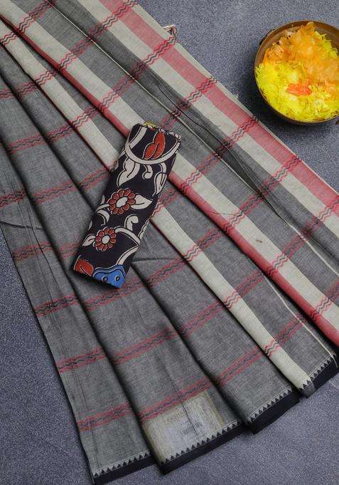 Narayanpet Cotton Saree Grey And Black With Allover Thread Weaves And Temple Design Simple Border With Korvai And Temple Border Design For Women