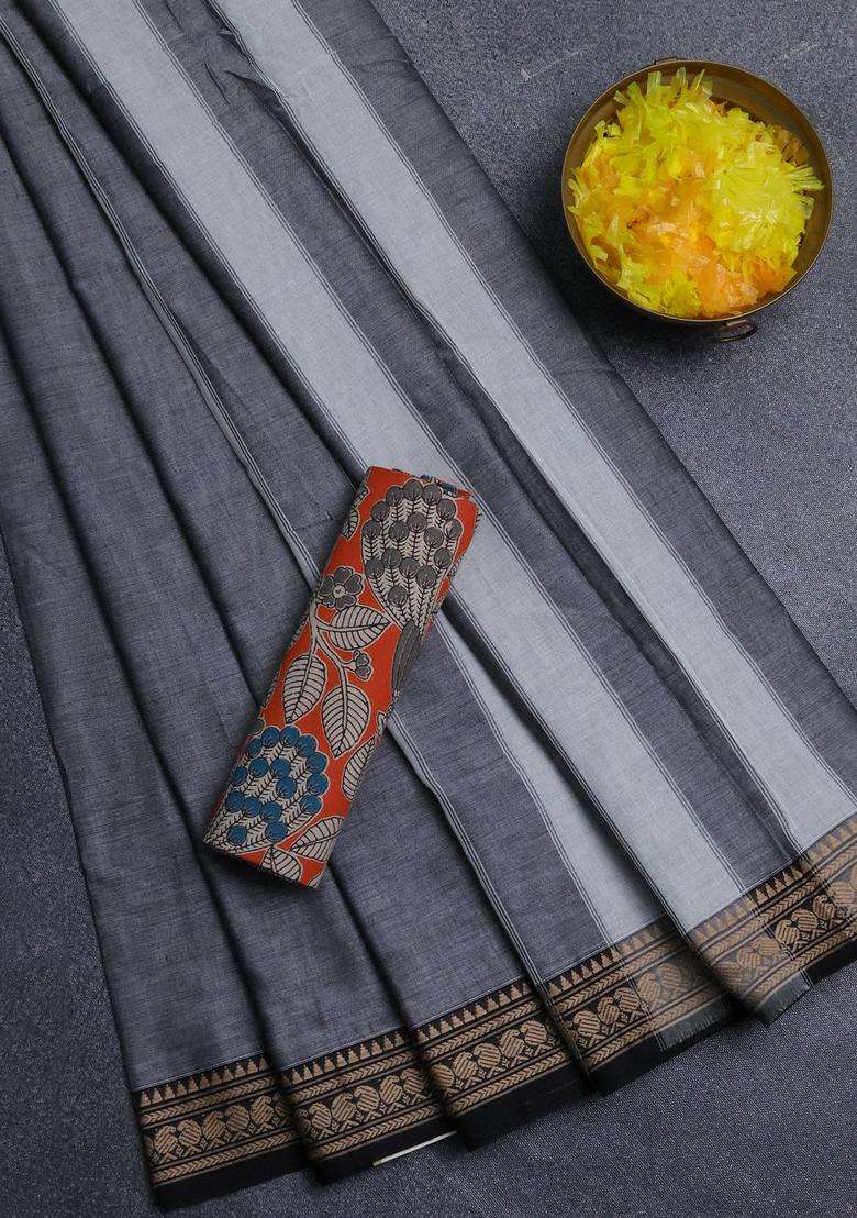 Narayanpet Cotton Saree Grey And Orange With Plain Body And Thread Woven Border With Traditional Woven Design For Women - Indya