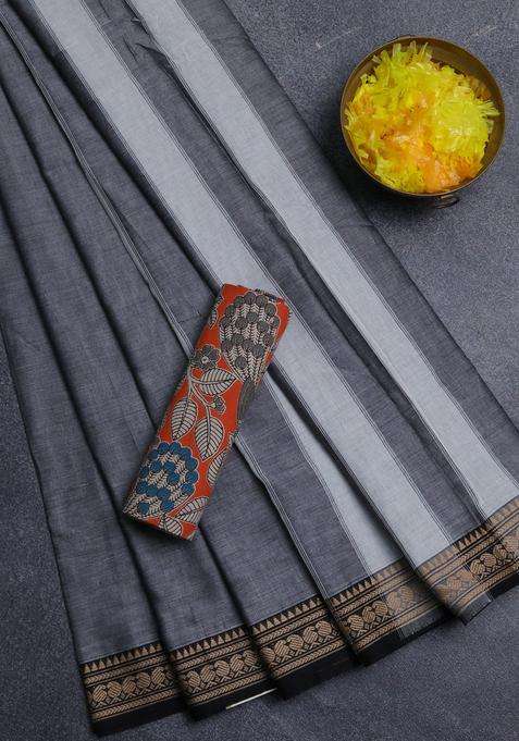 Narayanpet Cotton Saree Grey And Orange With Plain Body And Thread Woven Border With Traditional Woven Design For Women