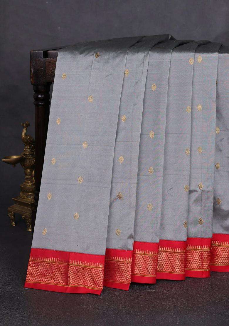 Pure Paithani Silk Saree Grey And Red With Allover Zari Woven Buttas And Paithani Weaving Pallu With Buttas And Brocade Design For Women - Indya