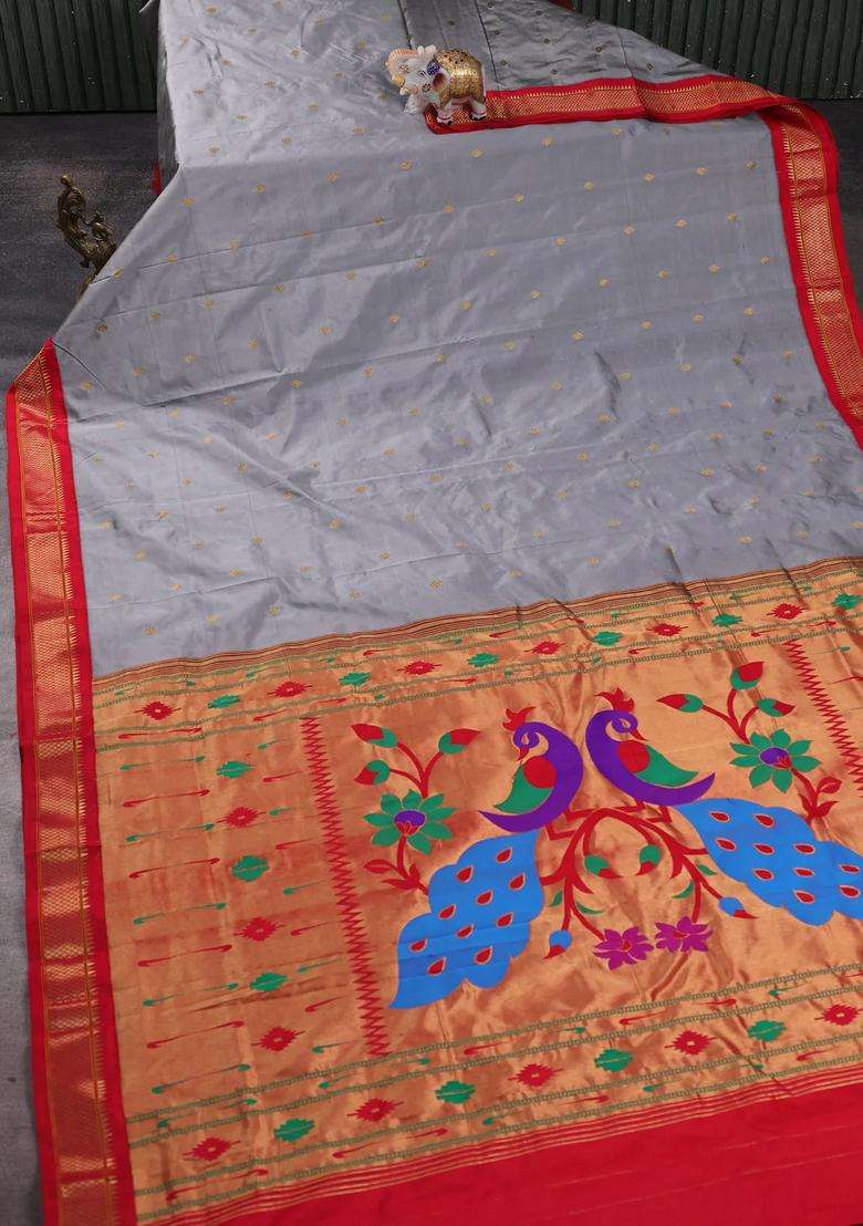 Pure Paithani Silk Saree Grey And Red With Allover Zari Woven Buttas And Paithani Weaving Pallu With Buttas And Brocade Design For Women - Indya