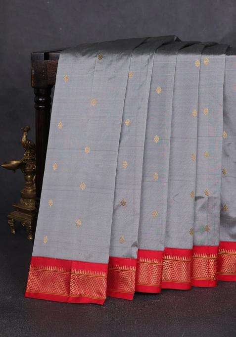 Pure Paithani Silk Saree Grey And Red With Allover Zari Woven Buttas And Paithani Weaving Pallu With Buttas And Brocade Design For Women
