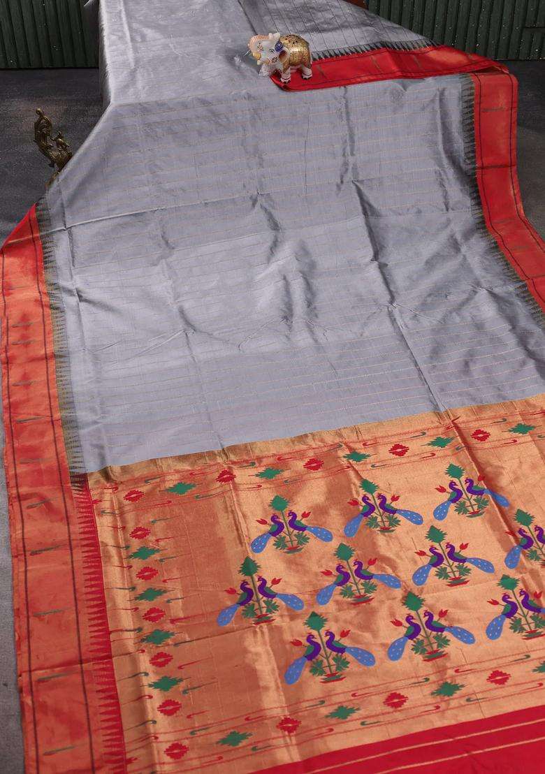 Pure Paithani Silk Saree Grey And Red With Allover Zari Weaves And Temple Zari Woven Muniya Butta With Korvai And Temple Border Design For Women - Indya