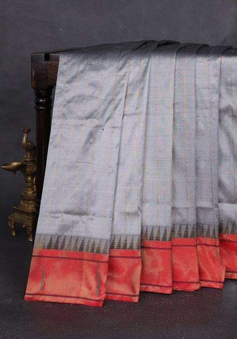 Pure Paithani Silk Saree Grey And Red With Allover Zari Weaves And Temple Zari Woven Muniya Butta With Korvai And Temple Border Design For Women