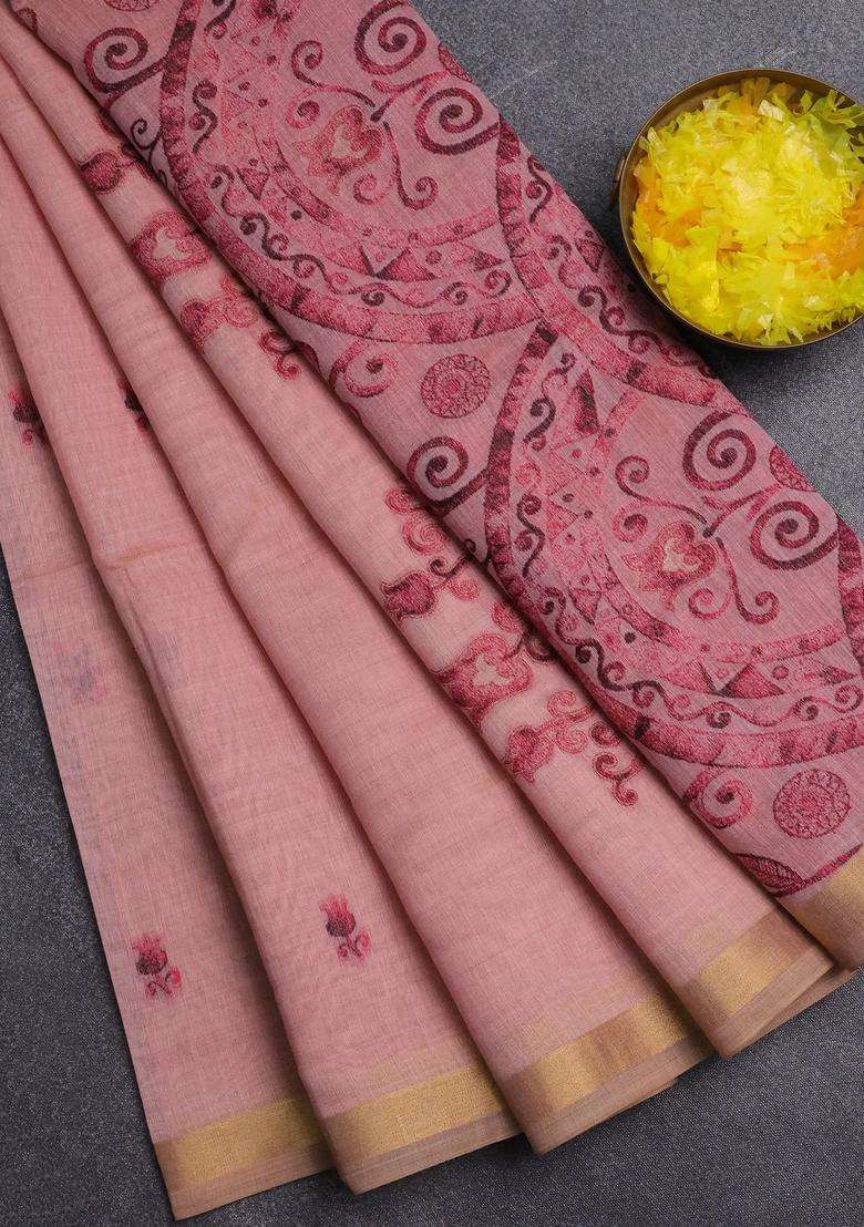 Jamdhani Cotton Saree Peach Pink And Dark Pink With Allover Thread Woven Buttas And Jamdhani Pallu With Buttas And Brocade Design For Women - Indya