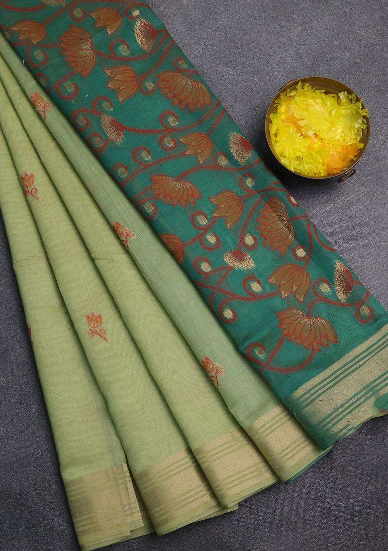 Jamdhani Cotton Saree Pista Green And Green With Thread Zari Woven Buttas And Jamdhani Pallu With Buttas And Brocade Design For Women - Indya