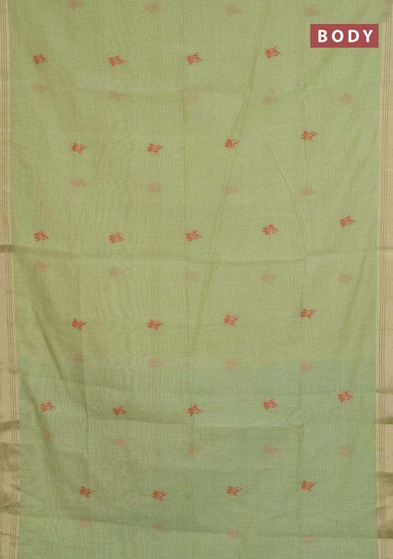 Jamdhani Cotton Saree Pista Green And Green With Thread Zari Woven Buttas And Jamdhani Pallu With Buttas And Brocade Design For Women - Indya