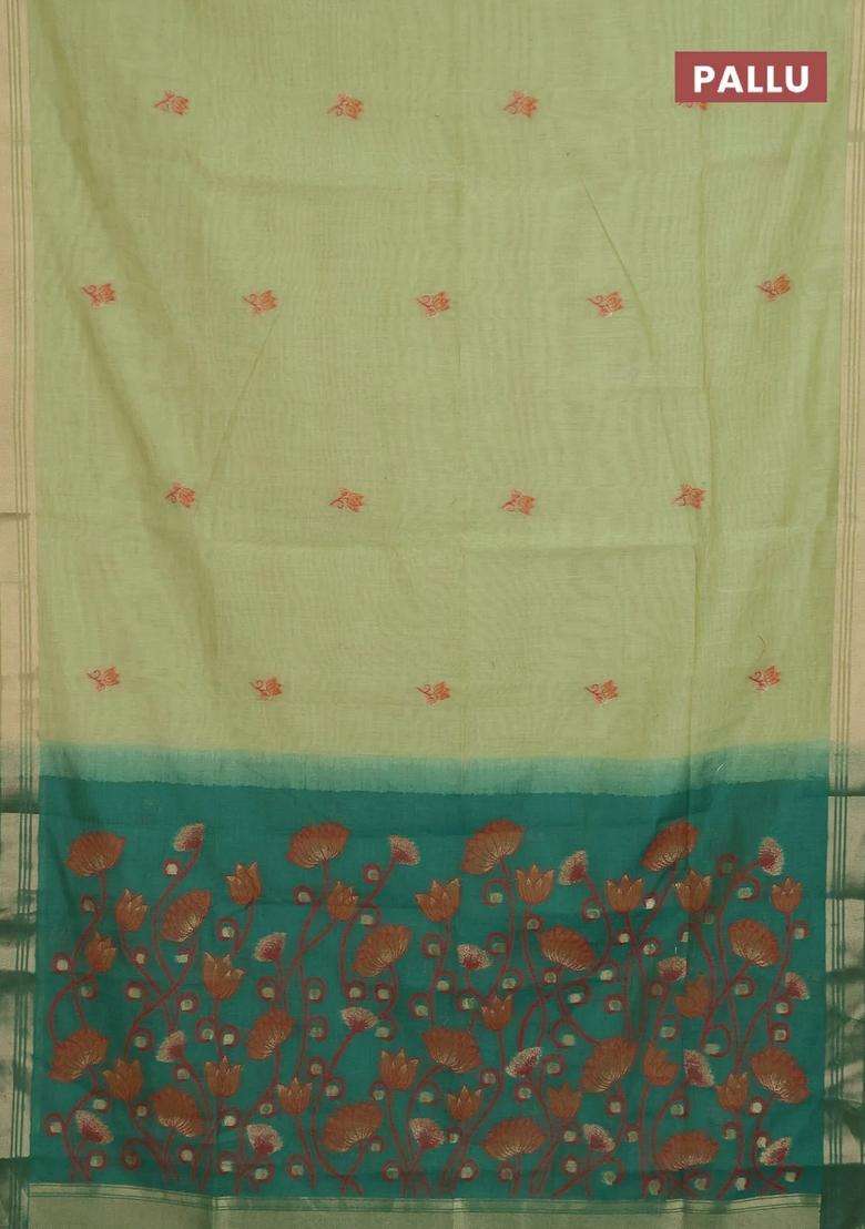 Jamdhani Cotton Saree Pista Green And Green With Thread Zari Woven Buttas And Jamdhani Pallu With Buttas And Brocade Design For Women - Indya