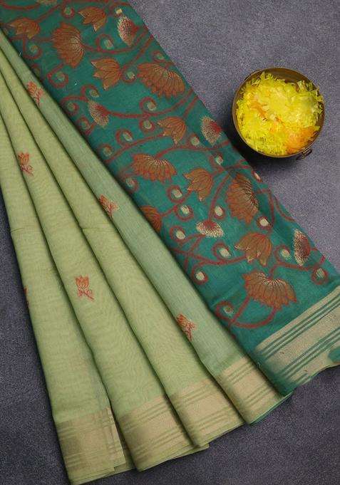 Jamdhani Cotton Saree Pista Green And Green With Thread Zari Woven Buttas And Jamdhani Pallu With Buttas And Brocade Design For Women