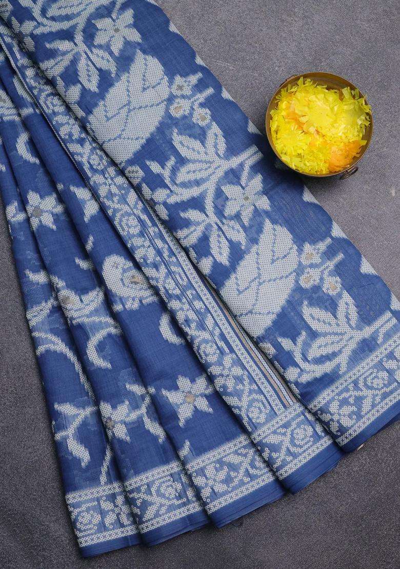 Jamdhani Cotton Saree Blue Shade With Alllover Thread Weaves Buttas And Jamdhani Pallu With Buttas And Brocade Design For Women - Indya