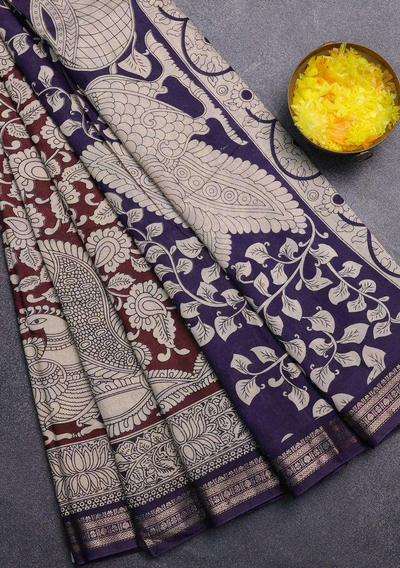 Muslin Silk Saree Coffee Brown And Navy Blue With Allover Kalamkari Prints And Zari Woven Border With Printed Design For Women - Indya