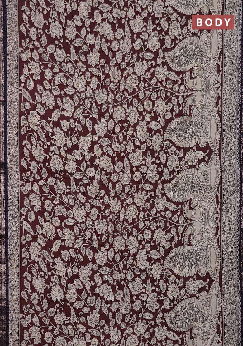 Muslin Silk Saree Coffee Brown And Navy Blue With Allover Kalamkari Prints And Zari Woven Border With Printed Design For Women - Indya