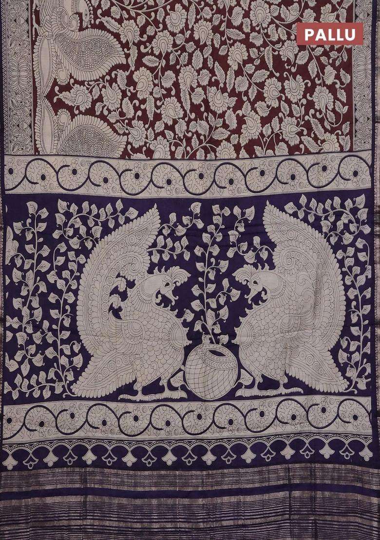 Muslin Silk Saree Coffee Brown And Navy Blue With Allover Kalamkari Prints And Zari Woven Border With Printed Design For Women - Indya