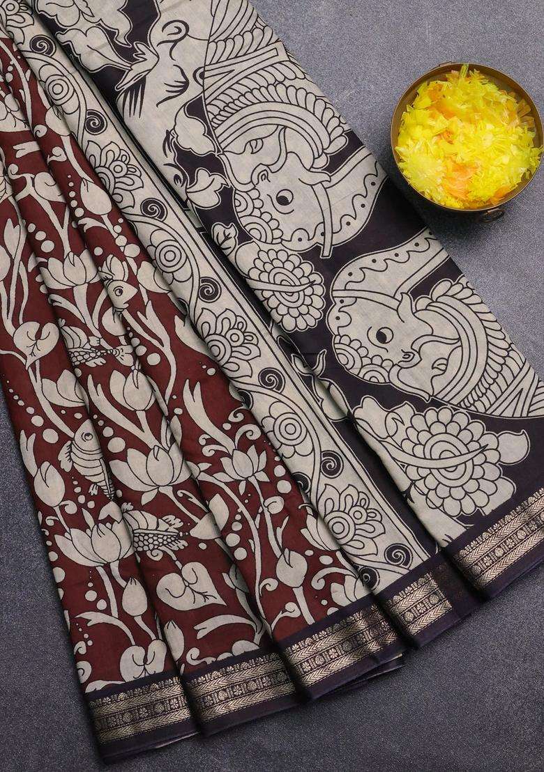 Muslin Silk Saree Coffee Brown And Black With Allover Kalamkari Prints And Zari Woven Border With Printed Design For Women - Indya