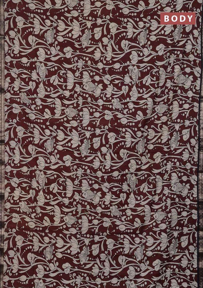 Muslin Silk Saree Coffee Brown And Black With Allover Kalamkari Prints And Zari Woven Border With Printed Design For Women - Indya