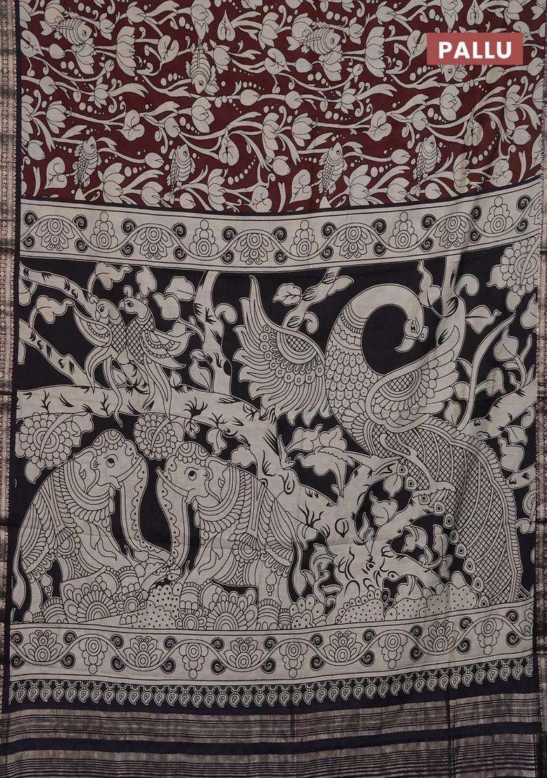 Muslin Silk Saree Coffee Brown And Black With Allover Kalamkari Prints And Zari Woven Border With Printed Design For Women - Indya