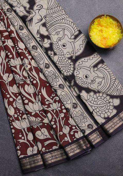 Muslin Silk Saree Coffee Brown And Black With Allover Kalamkari Prints And Zari Woven Border With Printed Design For Women