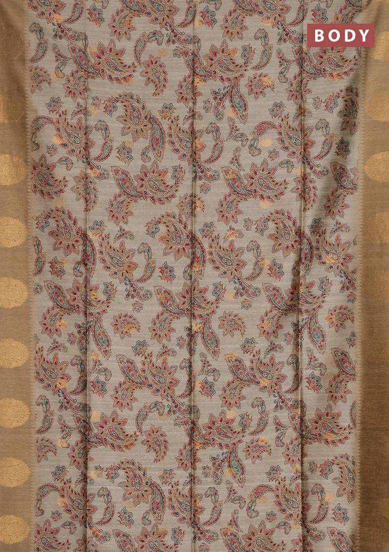 Bhagalpuri Tussar Saree Beige And Dark Beige With Allover Kalamkari Prints Zari Buttas And Zari Woven Butta Border With Printed Design For Women - Indya