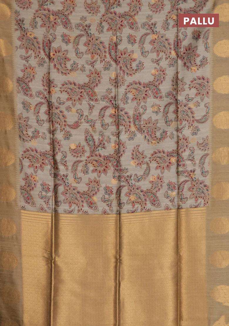 Bhagalpuri Tussar Saree Beige And Dark Beige With Allover Kalamkari Prints Zari Buttas And Zari Woven Butta Border With Printed Design For Women - Indya
