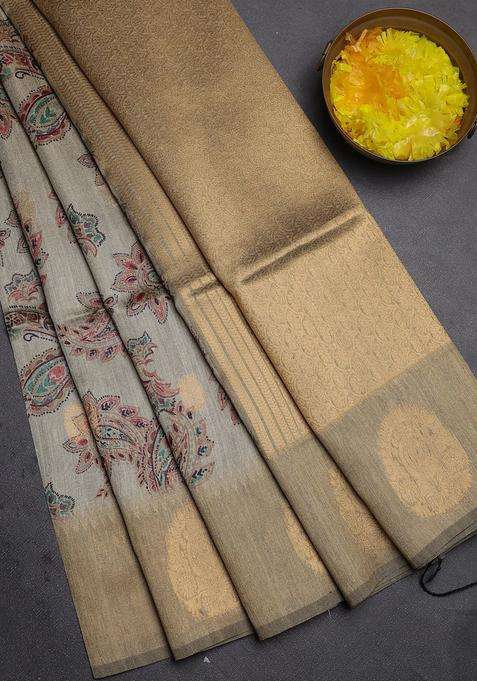 Bhagalpuri Tussar Saree Beige And Dark Beige With Allover Kalamkari Prints Zari Buttas And Zari Woven Butta Border With Printed Design For Women