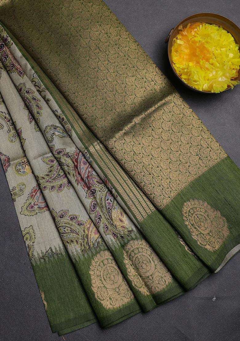 Bhagalpuri Tussar Saree Beige And Mehendi Green With Allover Kalamkari Prints Zari Buttas And Zari Woven Butta Border With Printed Design For Women - Indya