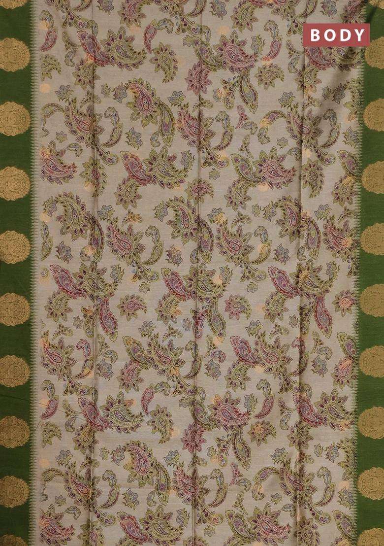 Bhagalpuri Tussar Saree Beige And Mehendi Green With Allover Kalamkari Prints Zari Buttas And Zari Woven Butta Border With Printed Design For Women - Indya