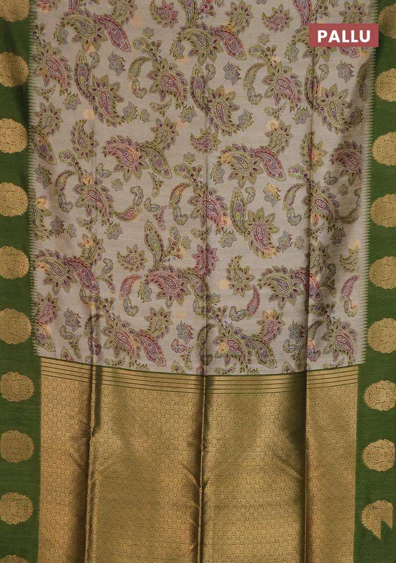Bhagalpuri Tussar Saree Beige And Mehendi Green With Allover Kalamkari Prints Zari Buttas And Zari Woven Butta Border With Printed Design For Women - Indya