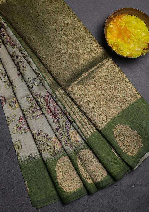 Bhagalpuri Tussar Saree Beige And Mehendi Green With Allover Kalamkari Prints Zari Buttas And Zari Woven Butta Border With Printed Design For Women