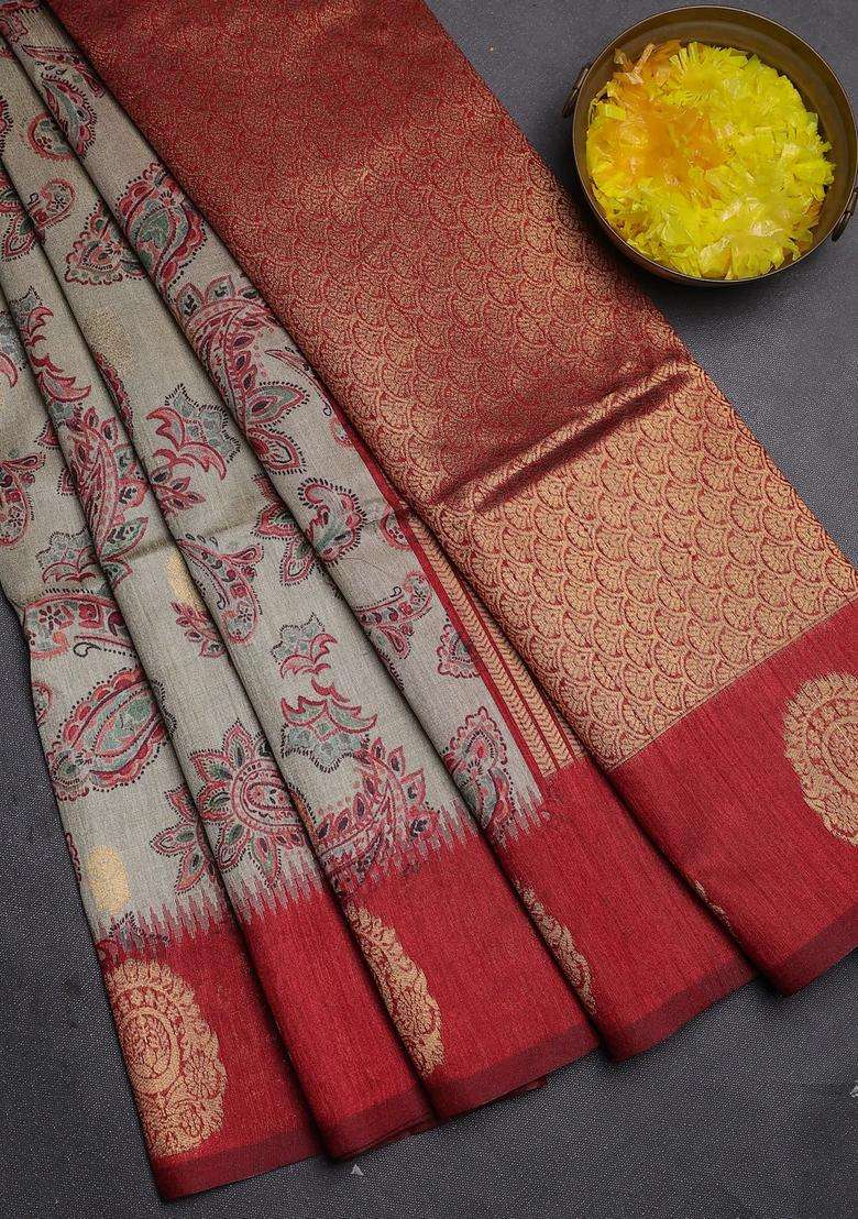 Bhagalpuri Tussar Saree Beige And Maroon With Allover Kalamkari Prints Zari Buttas And Zari Woven Butta Border With Printed Design For Women - Indya