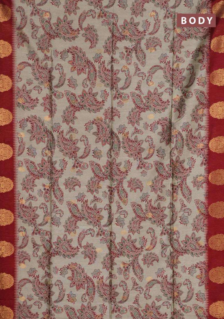 Bhagalpuri Tussar Saree Beige And Maroon With Allover Kalamkari Prints Zari Buttas And Zari Woven Butta Border With Printed Design For Women - Indya