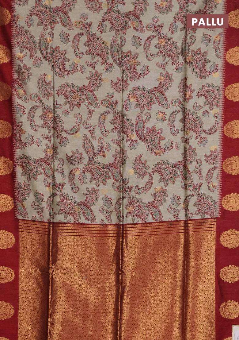 Bhagalpuri Tussar Saree Beige And Maroon With Allover Kalamkari Prints Zari Buttas And Zari Woven Butta Border With Printed Design For Women - Indya