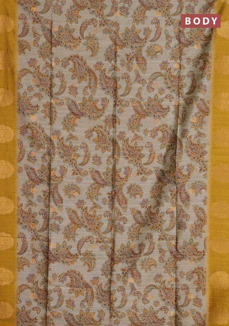 Bhagalpuri Tussar Saree Beige And Mustard Yellow With Allover Kalamkari Prints Zari Buttas And Zari Woven Butta Border With Printed Design For Women - Indya