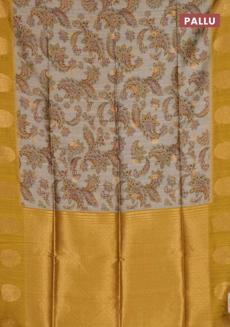 Bhagalpuri Tussar Saree Beige And Mustard Yellow With Allover Kalamkari Prints Zari Buttas And Zari Woven Butta Border With Printed Design For Women - Indya