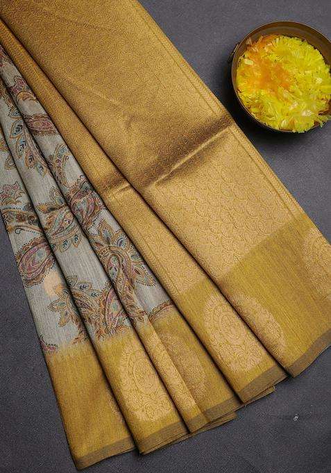 Bhagalpuri Tussar Saree Beige And Mustard Yellow With Allover Kalamkari Prints Zari Buttas And Zari Woven Butta Border With Printed Design For Women
