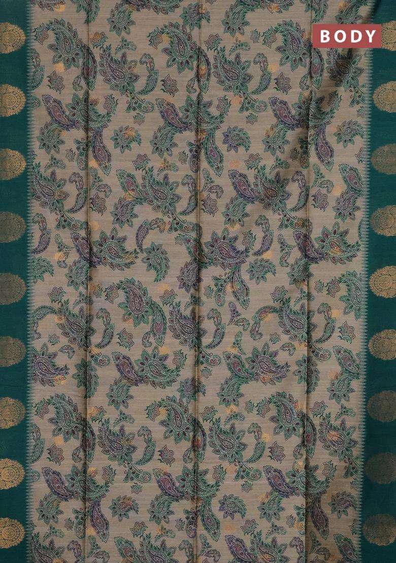 Bhagalpuri Tussar Saree Beige And Peacock Green With Allover Kalamkari Prints Zari Buttas And Zari Woven Butta Border With Printed Design For Women - Indya