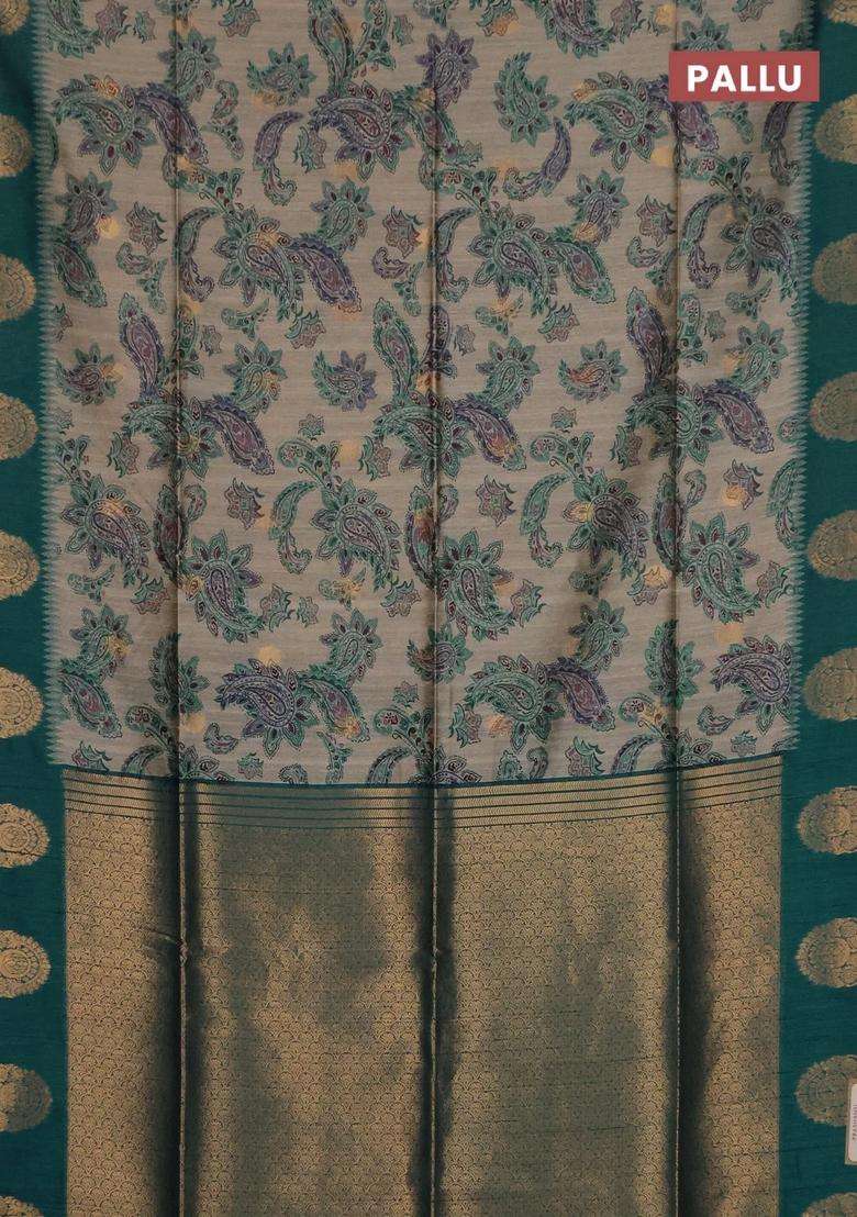 Bhagalpuri Tussar Saree Beige And Peacock Green With Allover Kalamkari Prints Zari Buttas And Zari Woven Butta Border With Printed Design For Women - Indya