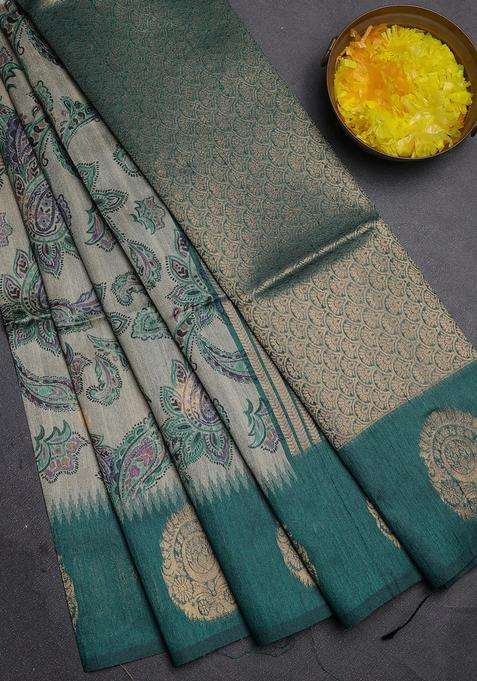 Bhagalpuri Tussar Saree Beige And Peacock Green With Allover Kalamkari Prints Zari Buttas And Zari Woven Butta Border With Printed Design For Women